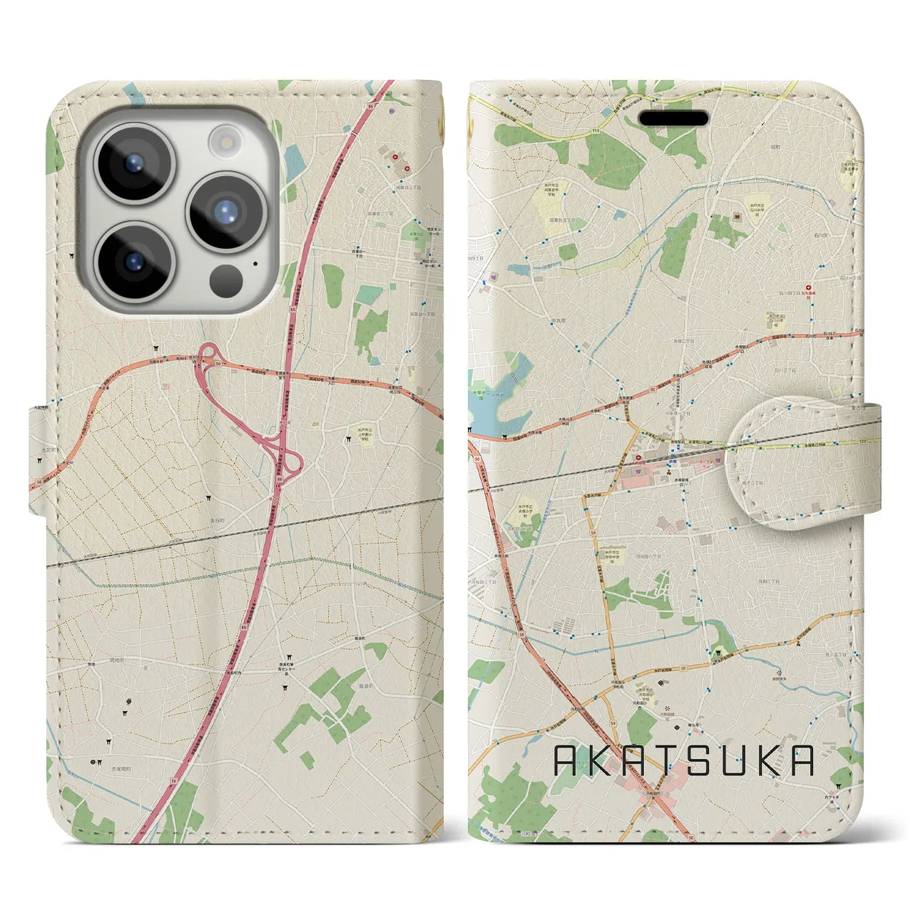 【赤塚】地図柄iPhoneケース（手帳両面タイプ・ナチュラル）iPhone 15 Pro 用