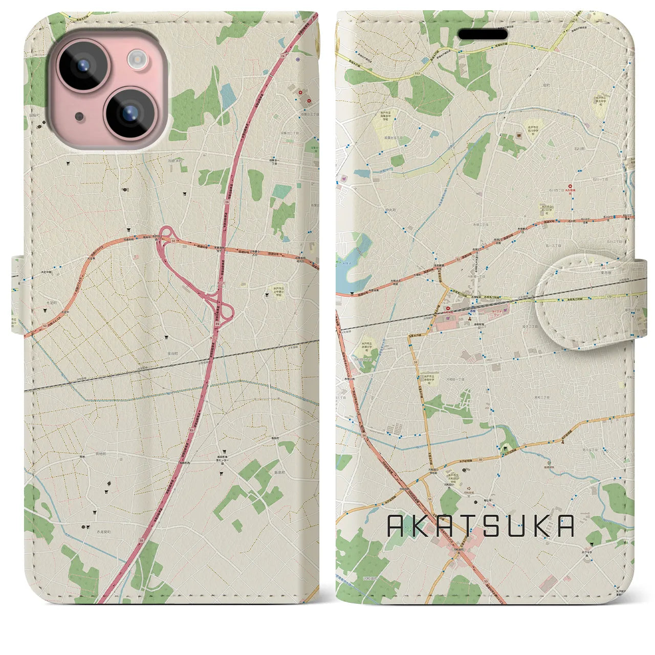 【赤塚】地図柄iPhoneケース（手帳両面タイプ・ナチュラル）iPhone 15 Plus 用