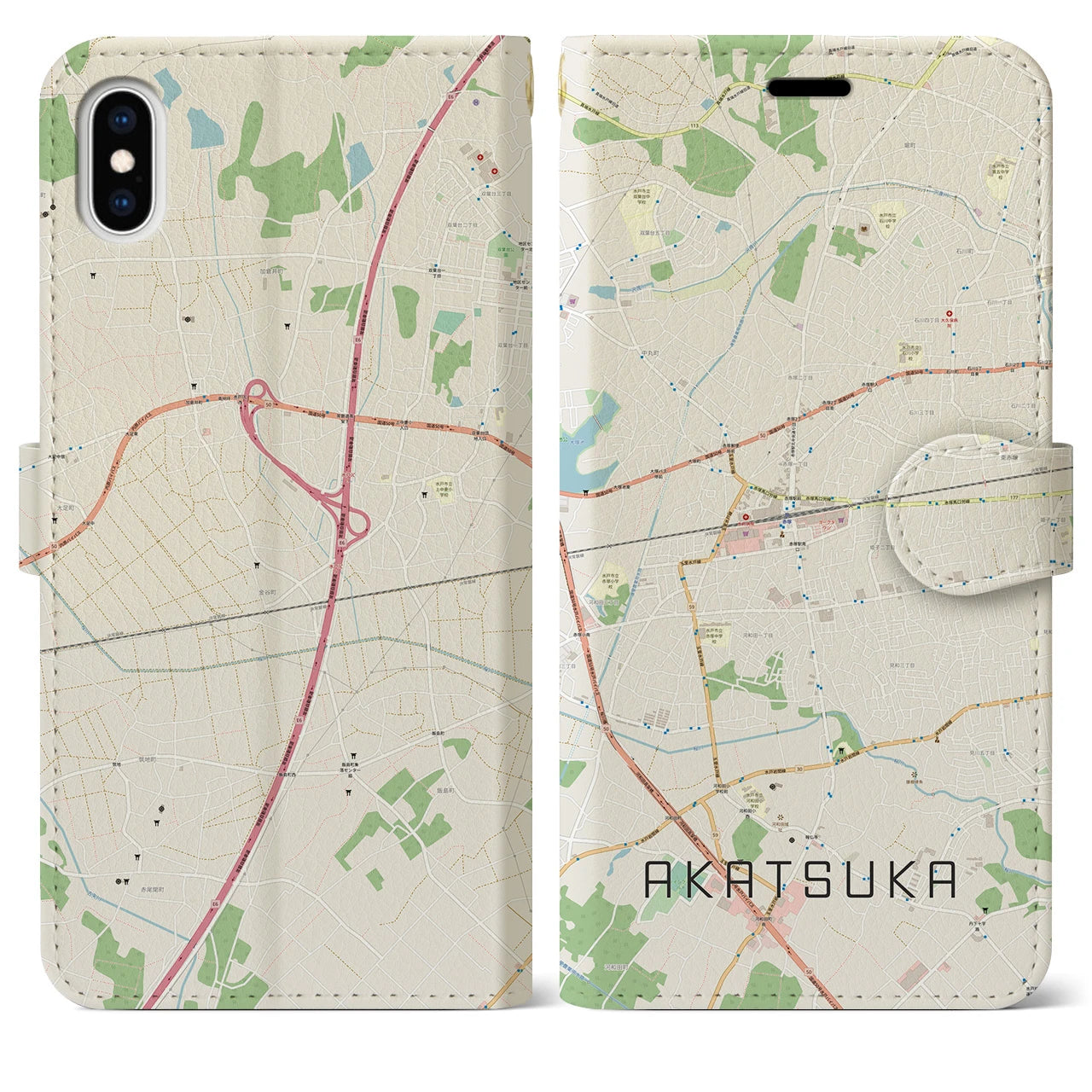 【赤塚】地図柄iPhoneケース（手帳両面タイプ・ナチュラル）iPhone XS Max 用