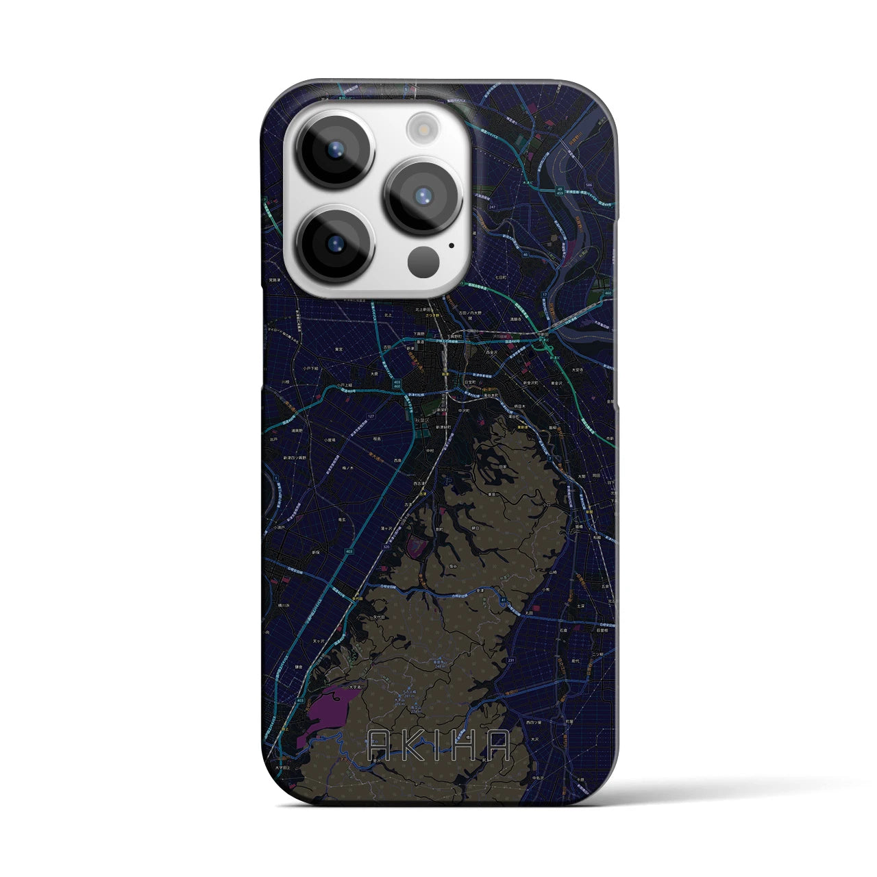 【秋葉】地図柄iPhoneケース（バックカバータイプ・ブラック）iPhone 14 Pro 用