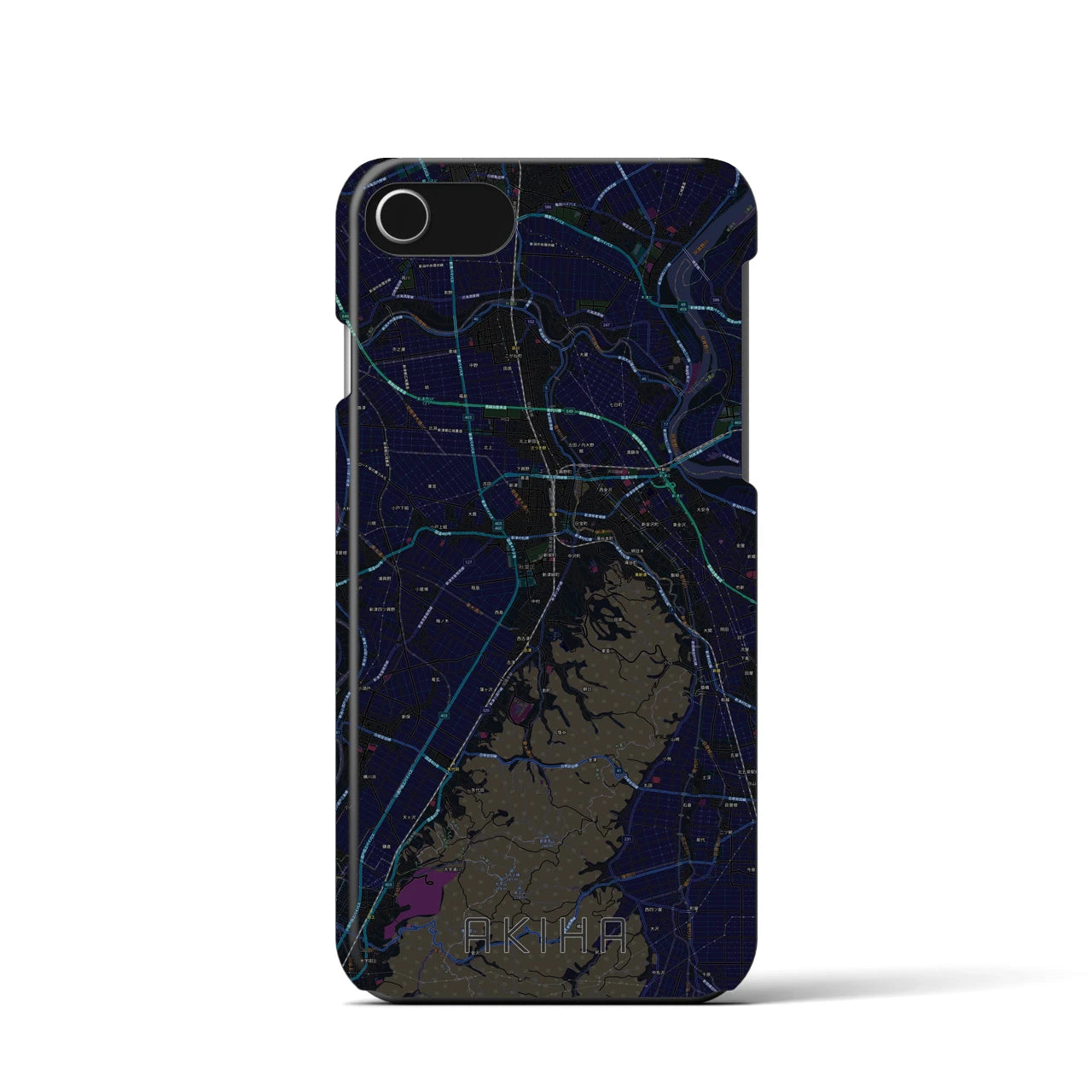 【秋葉】地図柄iPhoneケース（バックカバータイプ・ブラック）iPhone SE（第3 / 第2世代） / 8 / 7 / 6s / 6 用