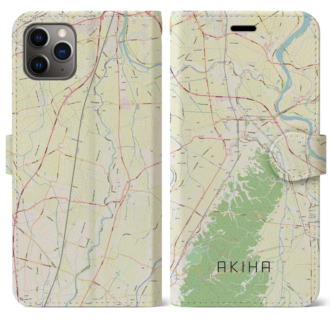 【秋葉】地図柄iPhoneケース（手帳両面タイプ・ナチュラル）iPhone 11 Pro Max 用