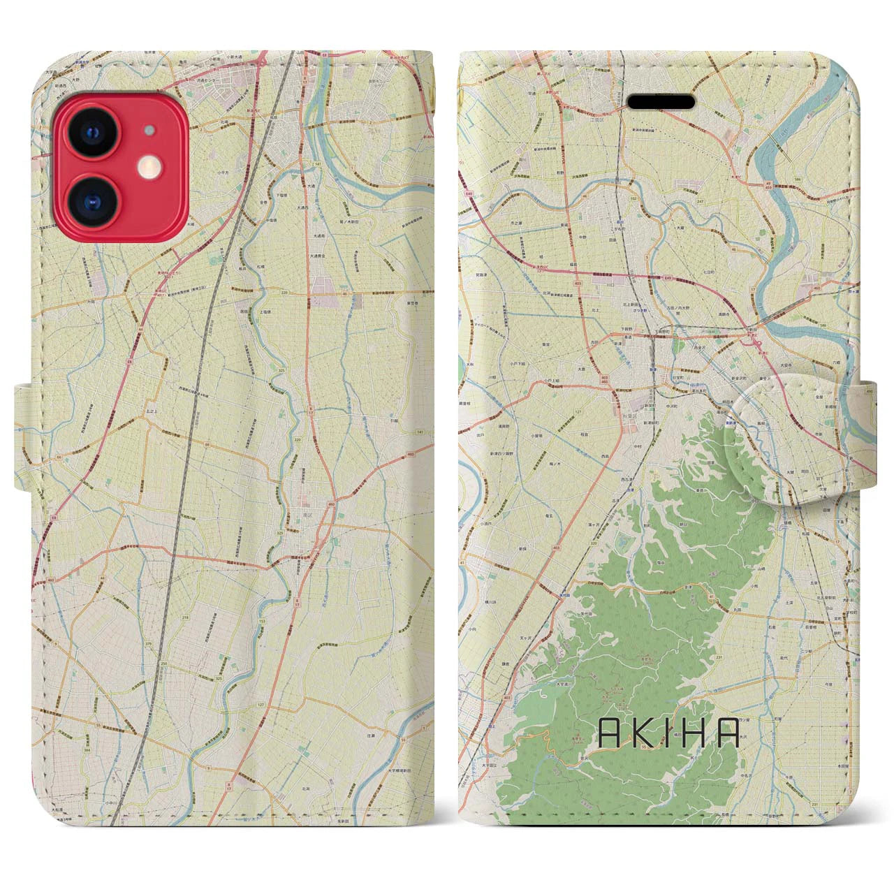 【秋葉】地図柄iPhoneケース（手帳両面タイプ・ナチュラル）iPhone 11 用