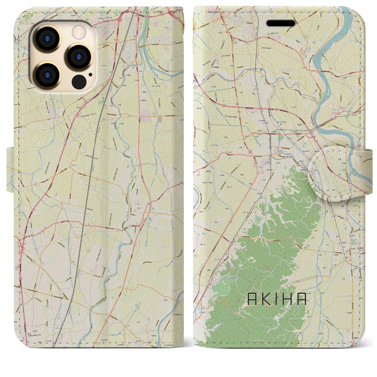 【秋葉】地図柄iPhoneケース（手帳両面タイプ・ナチュラル）iPhone 12 Pro Max 用