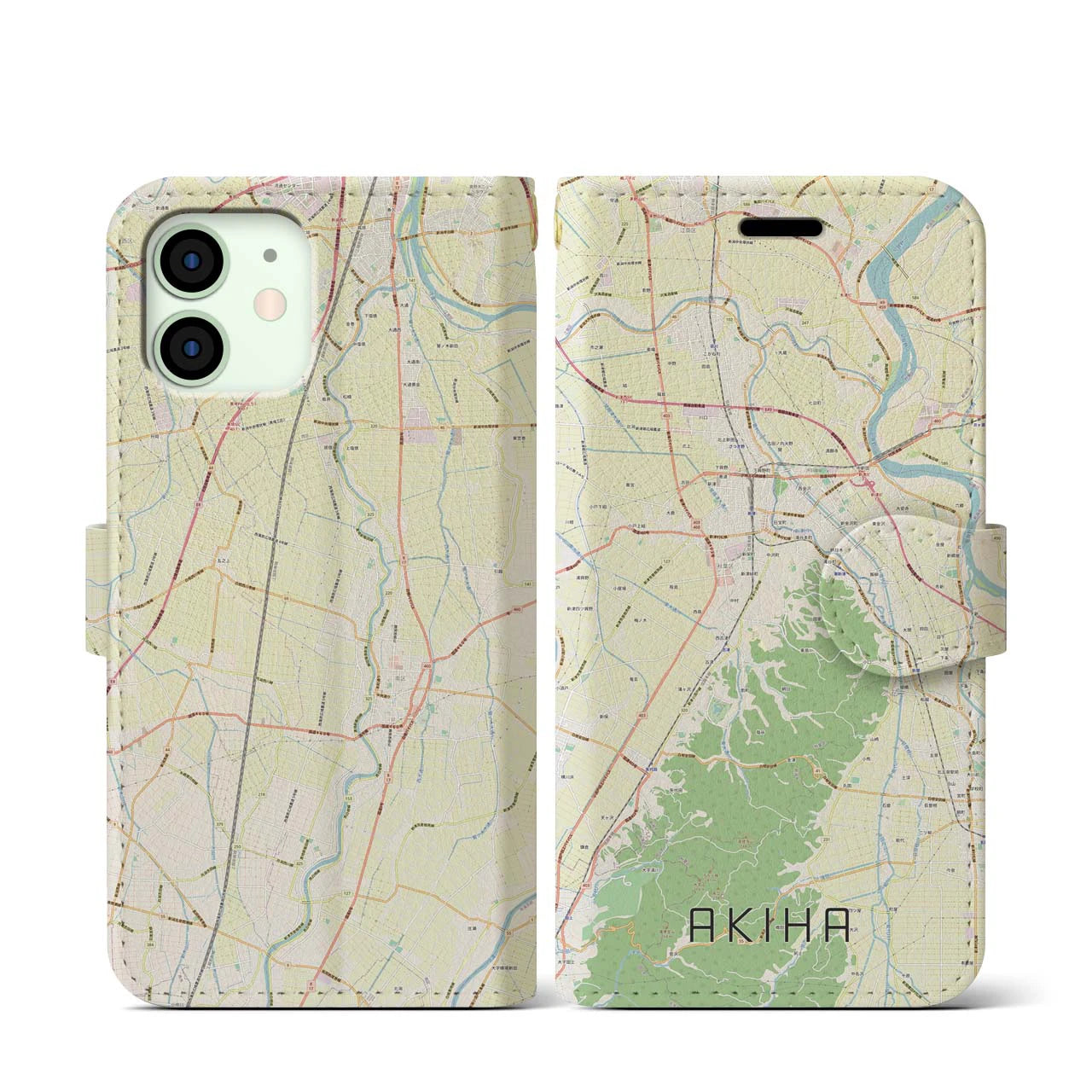 【秋葉】地図柄iPhoneケース（手帳両面タイプ・ナチュラル）iPhone 12 mini 用