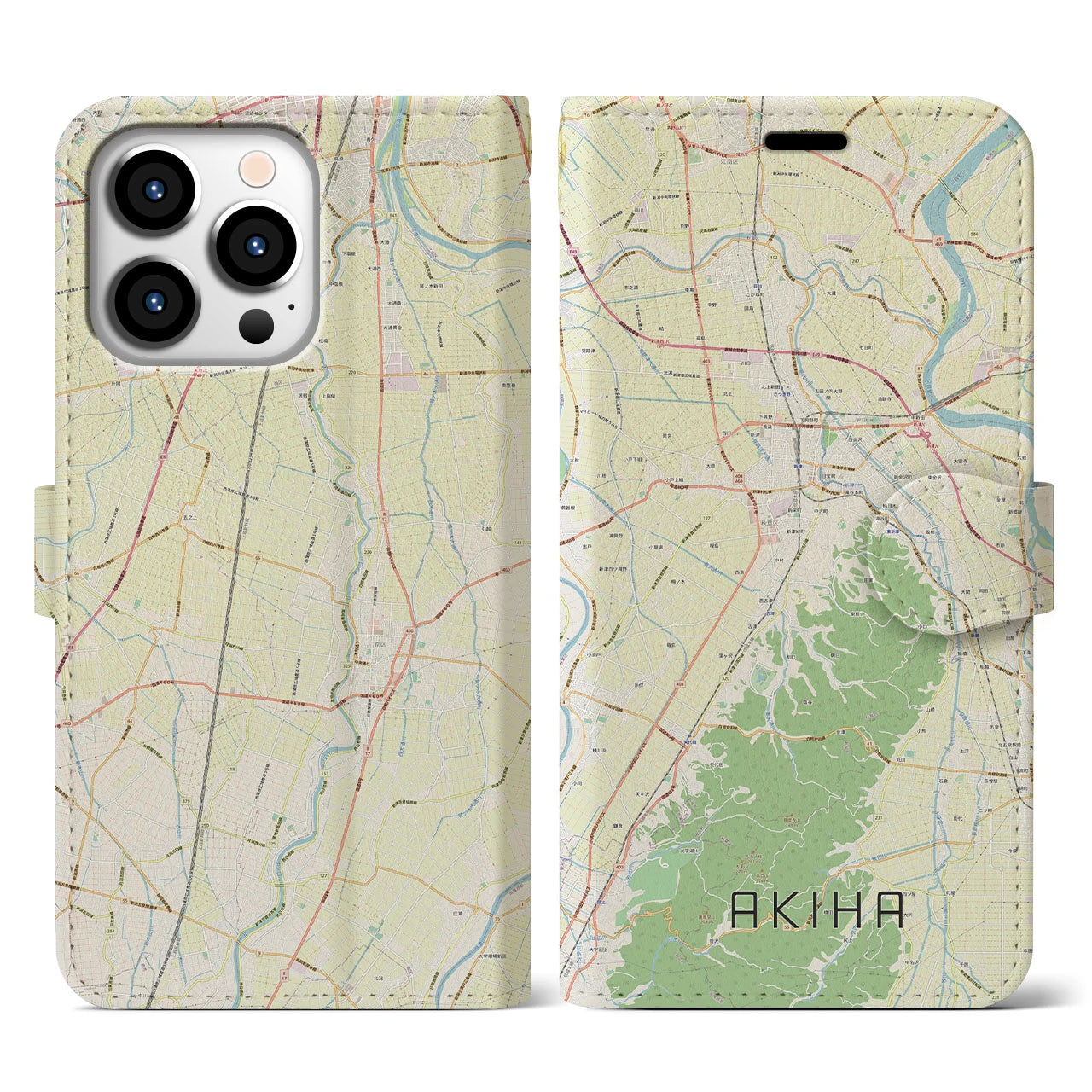 【秋葉】地図柄iPhoneケース（手帳両面タイプ・ナチュラル）iPhone 13 Pro 用