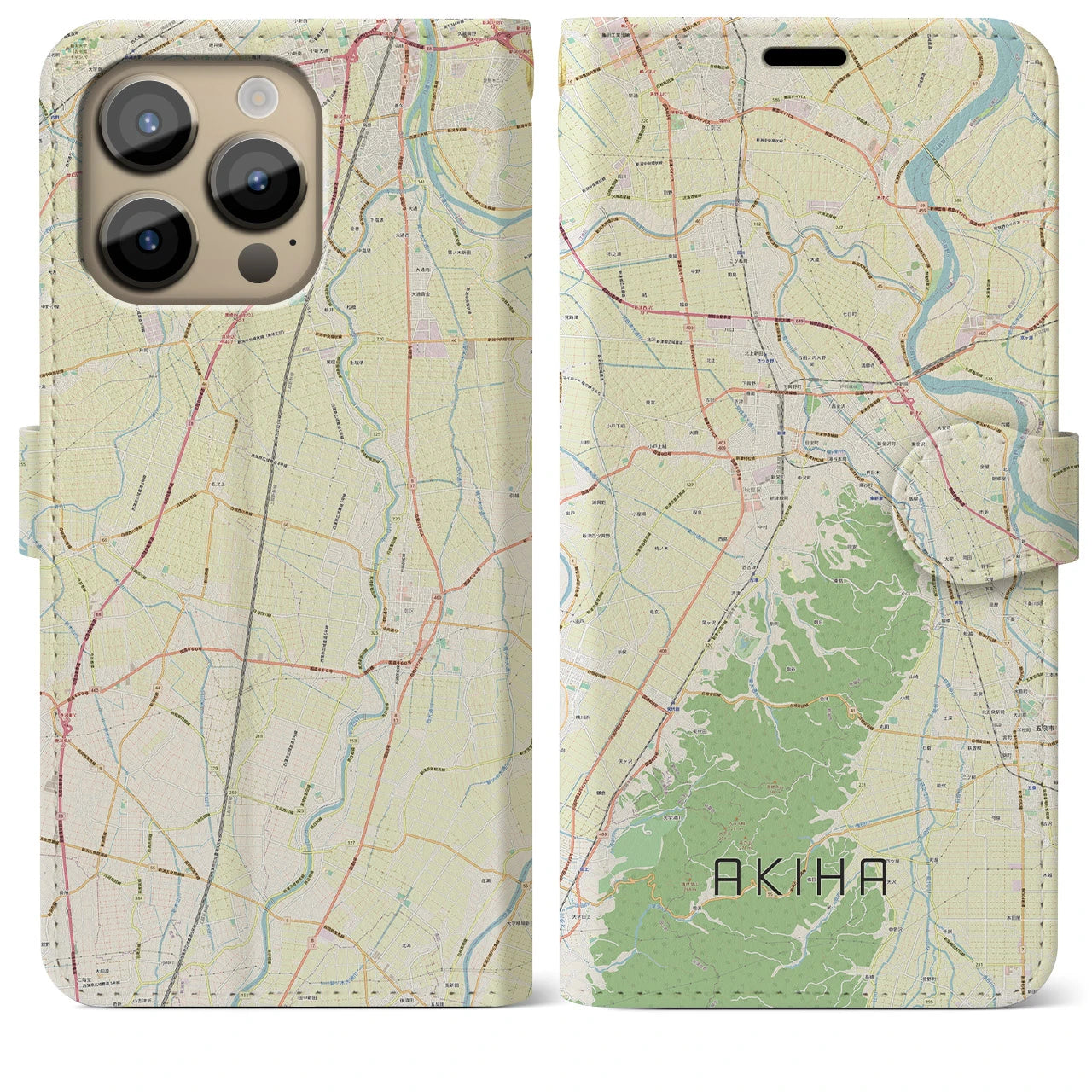 【秋葉】地図柄iPhoneケース（手帳両面タイプ・ナチュラル）iPhone 14 Pro Max 用