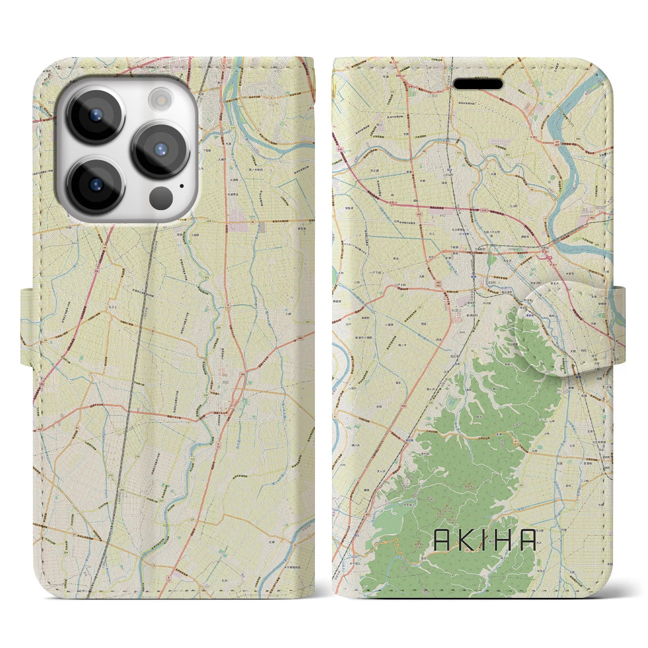 【秋葉】地図柄iPhoneケース（手帳両面タイプ・ナチュラル）iPhone 14 Pro 用