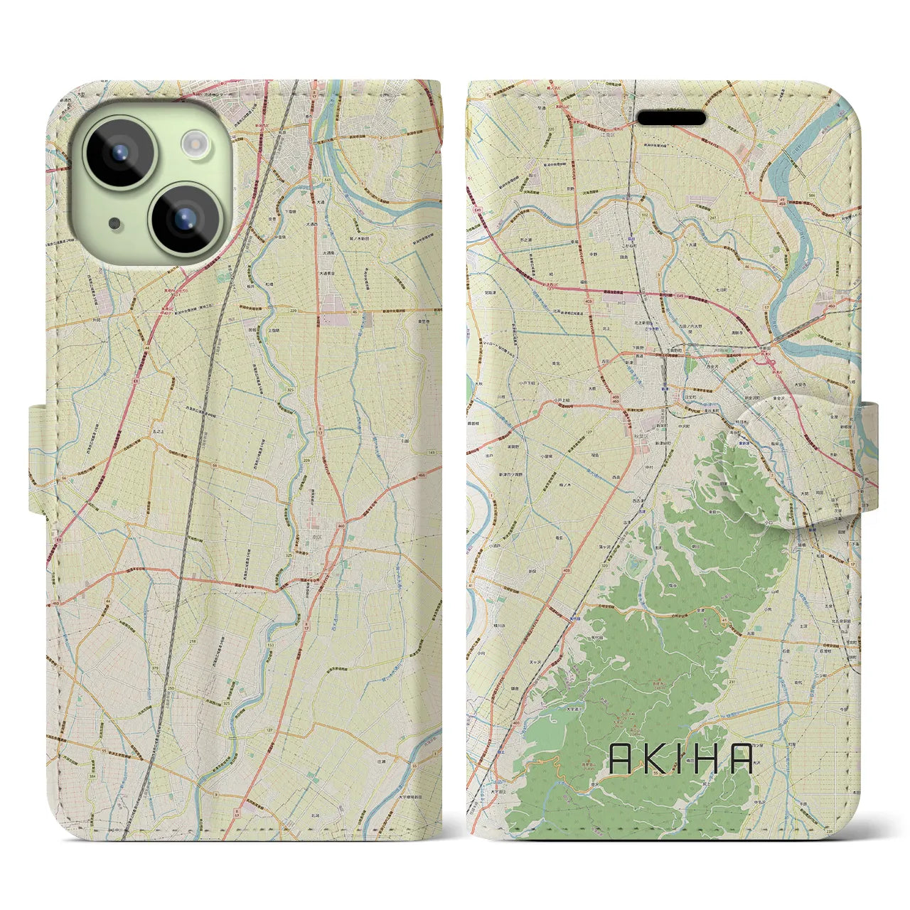 【秋葉】地図柄iPhoneケース（手帳両面タイプ・ナチュラル）iPhone 15 用
