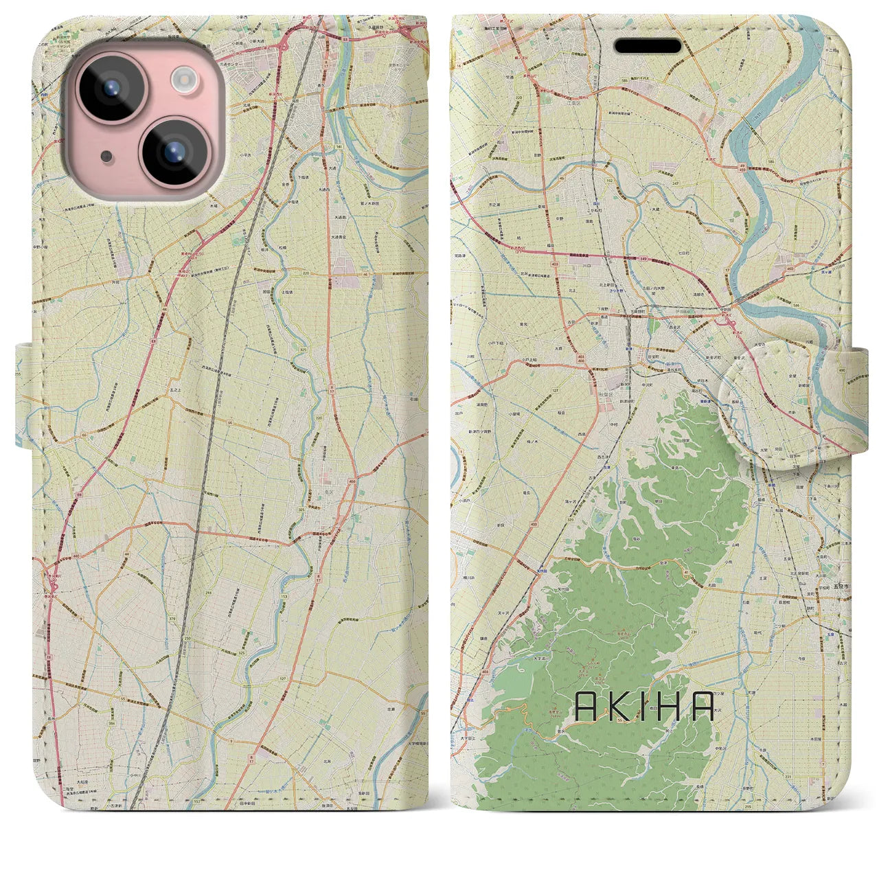 【秋葉】地図柄iPhoneケース（手帳両面タイプ・ナチュラル）iPhone 15 Plus 用