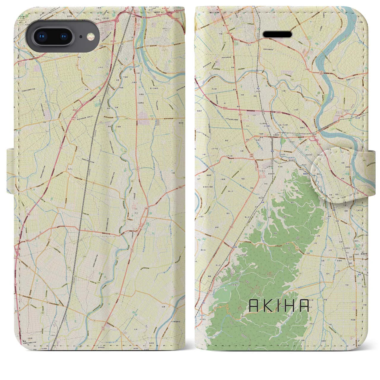 【秋葉】地図柄iPhoneケース（手帳両面タイプ・ナチュラル）iPhone 8Plus /7Plus / 6sPlus / 6Plus 用