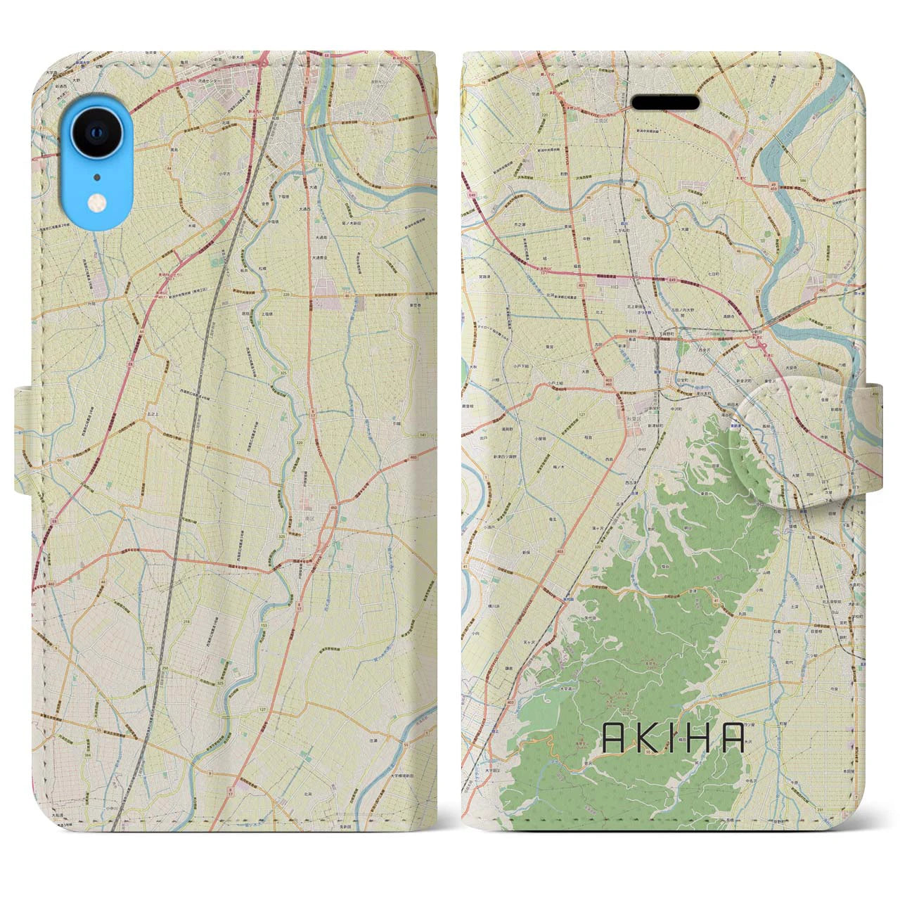 【秋葉】地図柄iPhoneケース（手帳両面タイプ・ナチュラル）iPhone XR 用