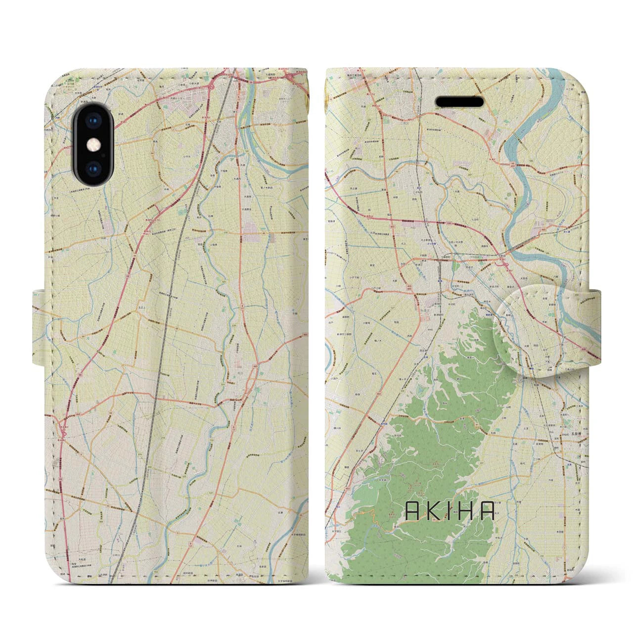 【秋葉】地図柄iPhoneケース（手帳両面タイプ・ナチュラル）iPhone XS / X 用