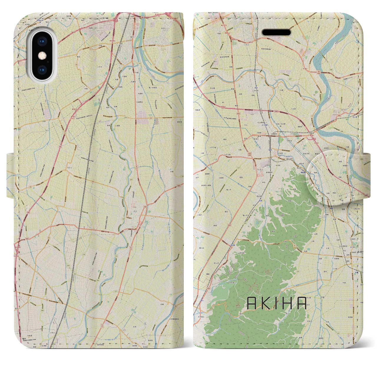 【秋葉】地図柄iPhoneケース（手帳両面タイプ・ナチュラル）iPhone XS Max 用