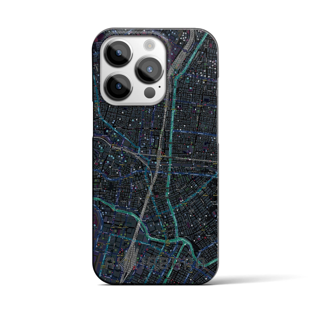 【秋葉原】地図柄iPhoneケース（バックカバータイプ・ブラック）iPhone 14 Pro 用