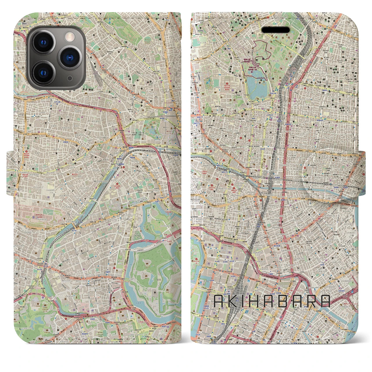 【秋葉原】地図柄iPhoneケース（手帳両面タイプ・ナチュラル）iPhone 11 Pro Max 用