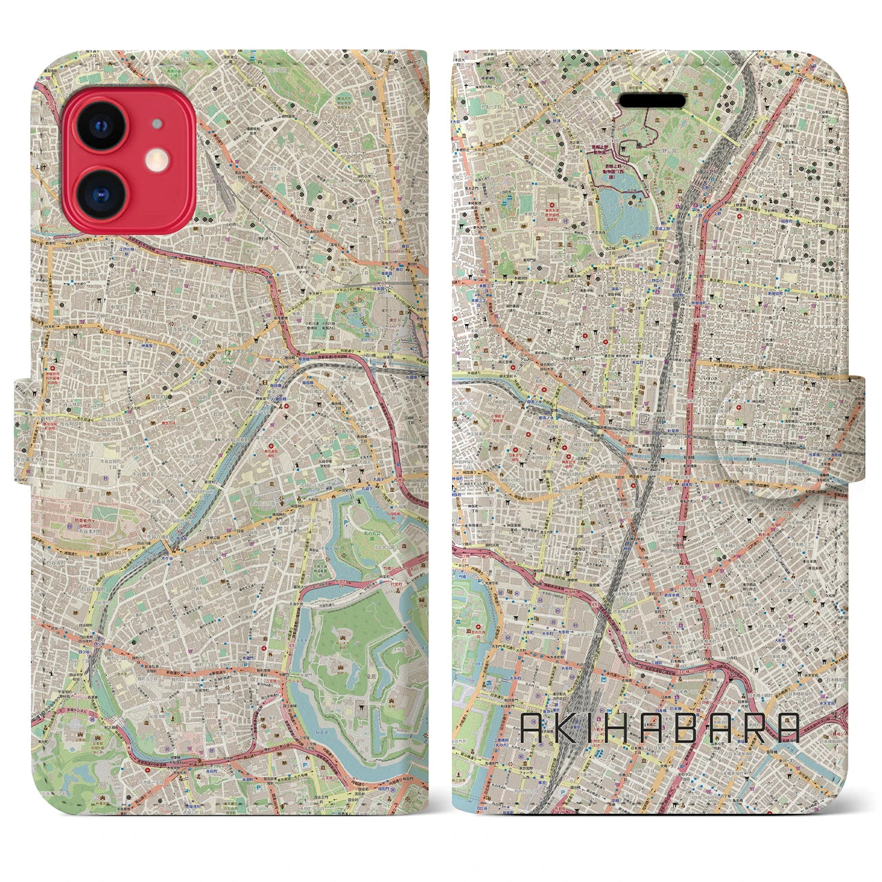 【秋葉原】地図柄iPhoneケース（手帳両面タイプ・ナチュラル）iPhone 11 用