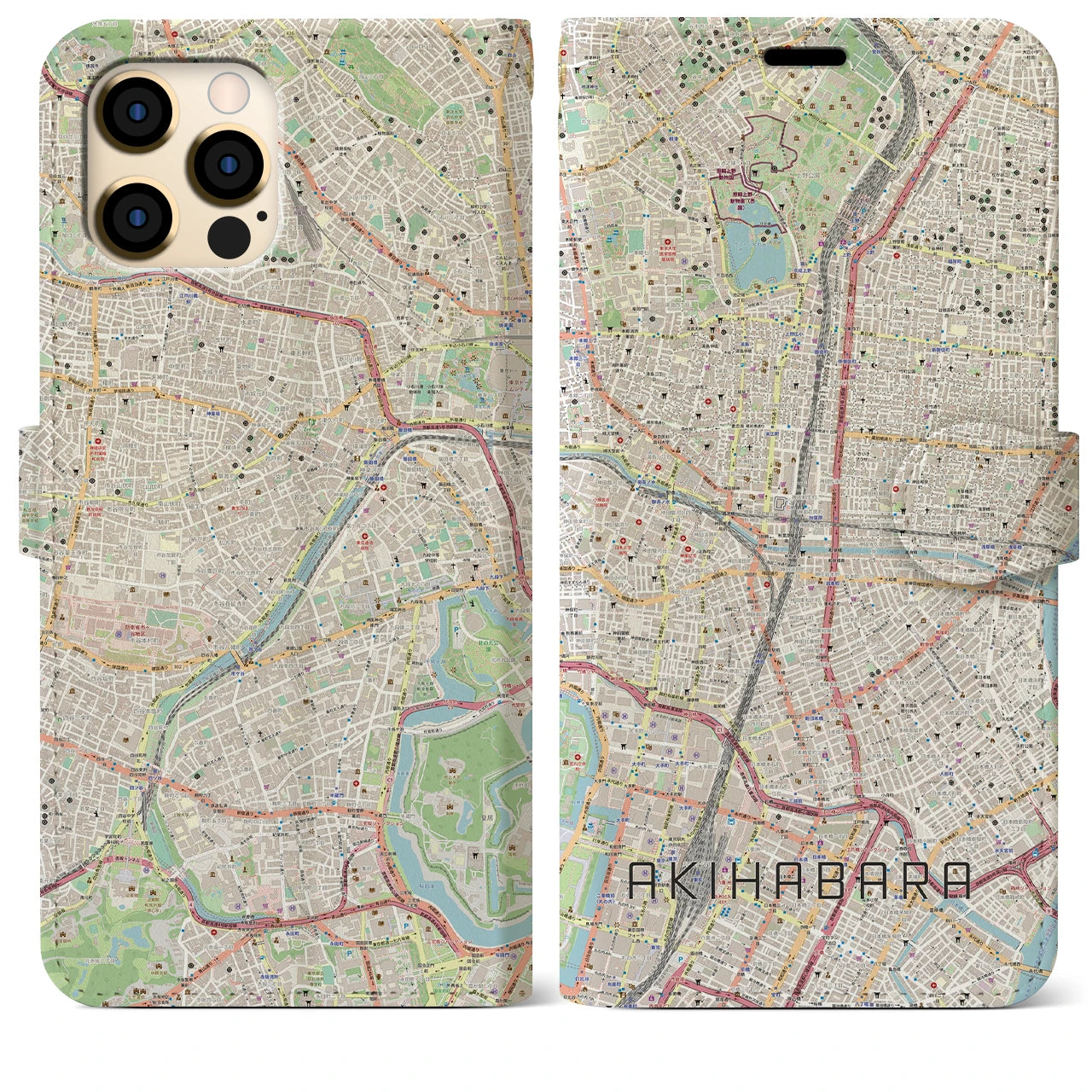 【秋葉原】地図柄iPhoneケース（手帳両面タイプ・ナチュラル）iPhone 12 Pro Max 用