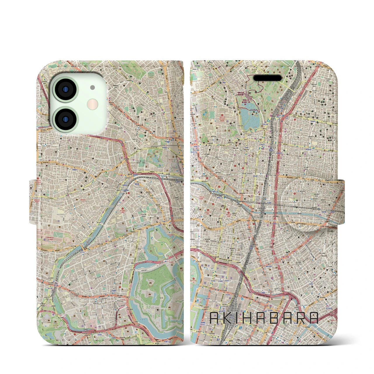 【秋葉原】地図柄iPhoneケース（手帳両面タイプ・ナチュラル）iPhone 12 mini 用