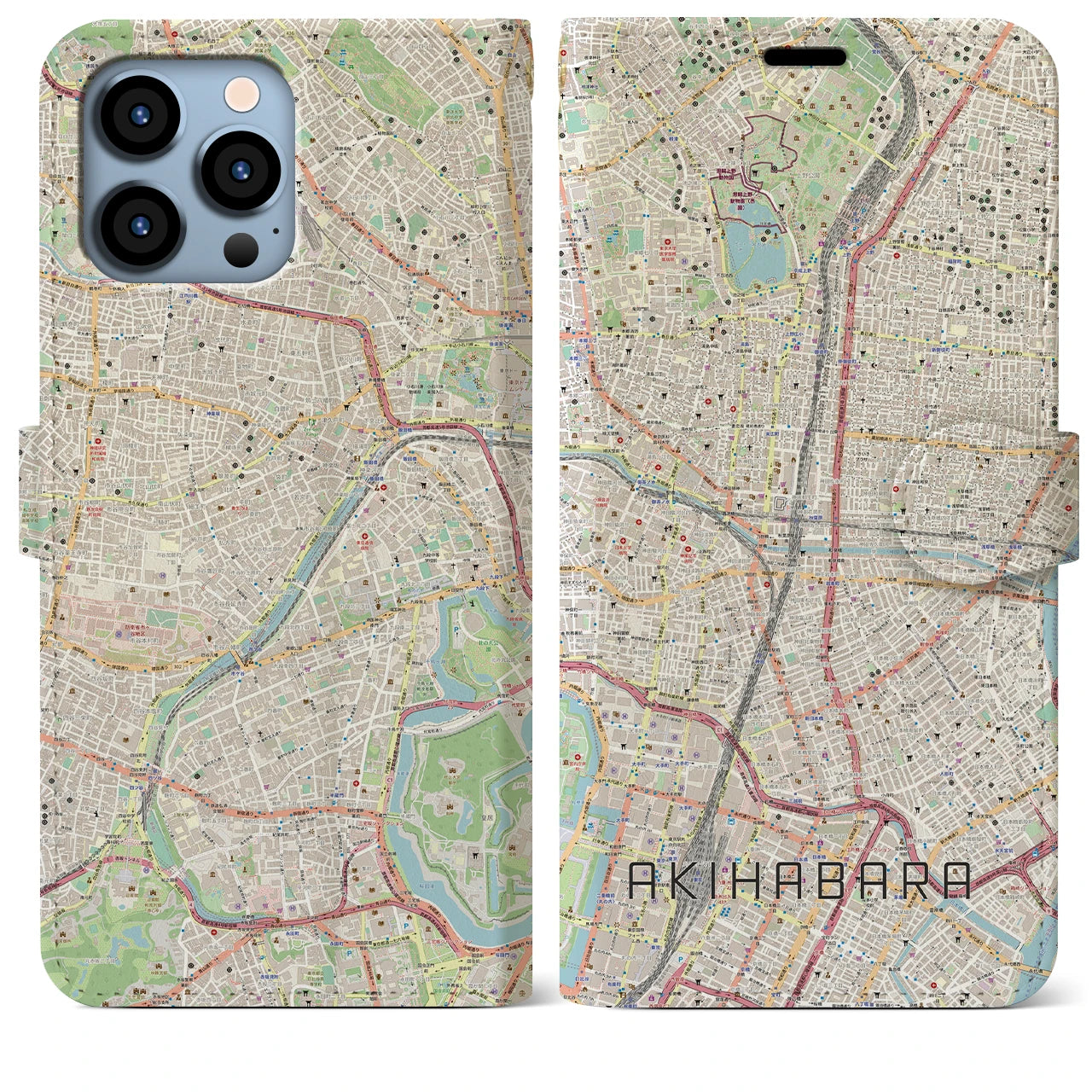 【秋葉原】地図柄iPhoneケース（手帳両面タイプ・ナチュラル）iPhone 13 Pro Max 用