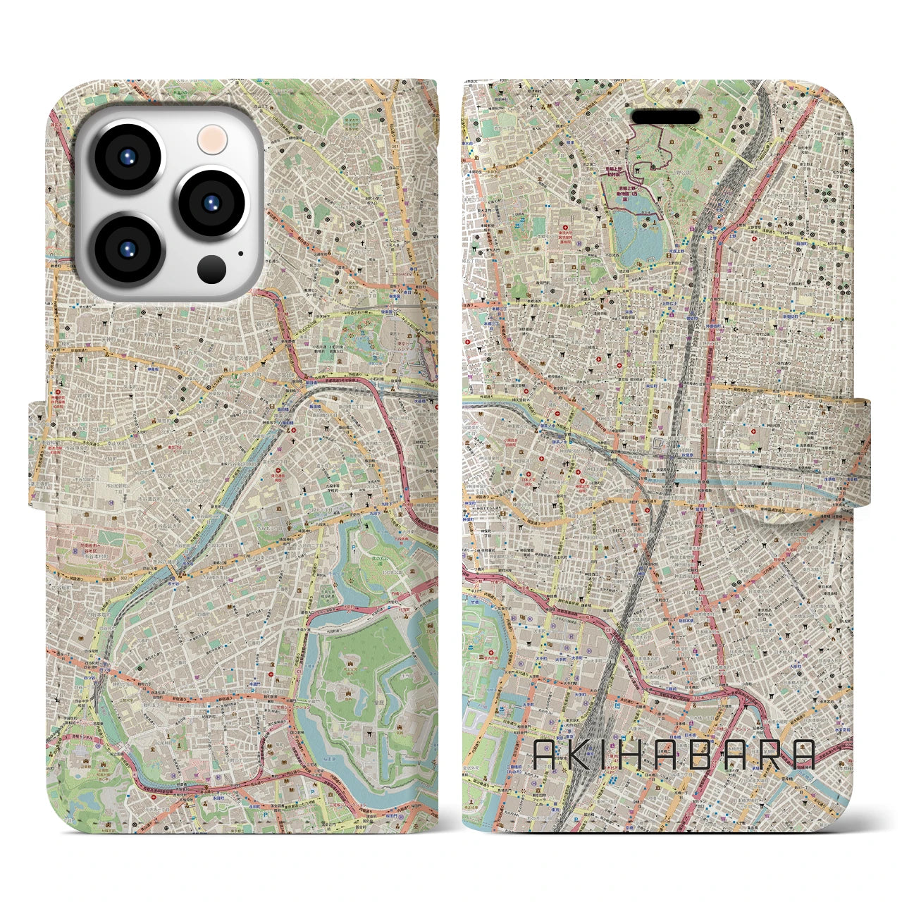【秋葉原】地図柄iPhoneケース（手帳両面タイプ・ナチュラル）iPhone 13 Pro 用