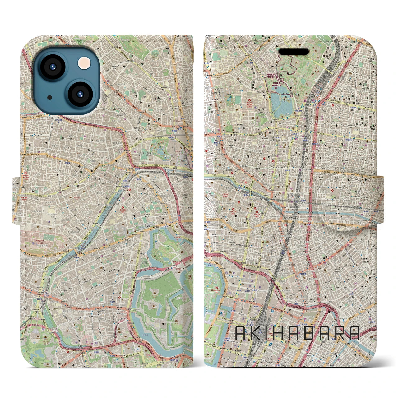 【秋葉原】地図柄iPhoneケース（手帳両面タイプ・ナチュラル）iPhone 13 用