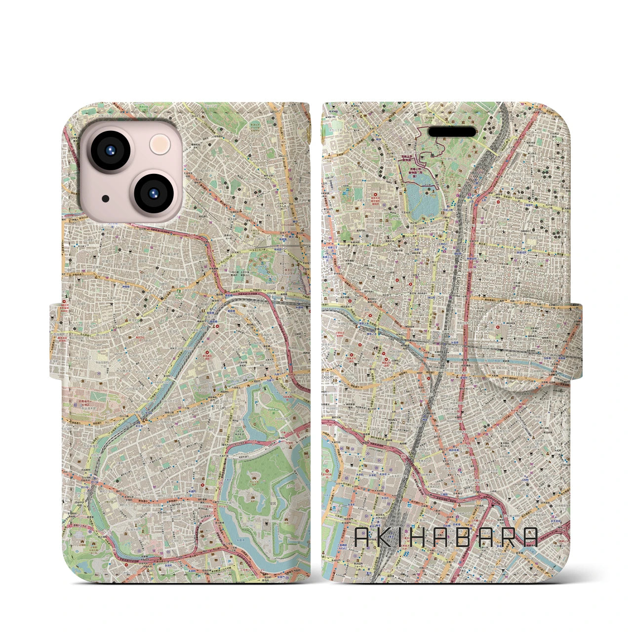 【秋葉原】地図柄iPhoneケース（手帳両面タイプ・ナチュラル）iPhone 13 mini 用
