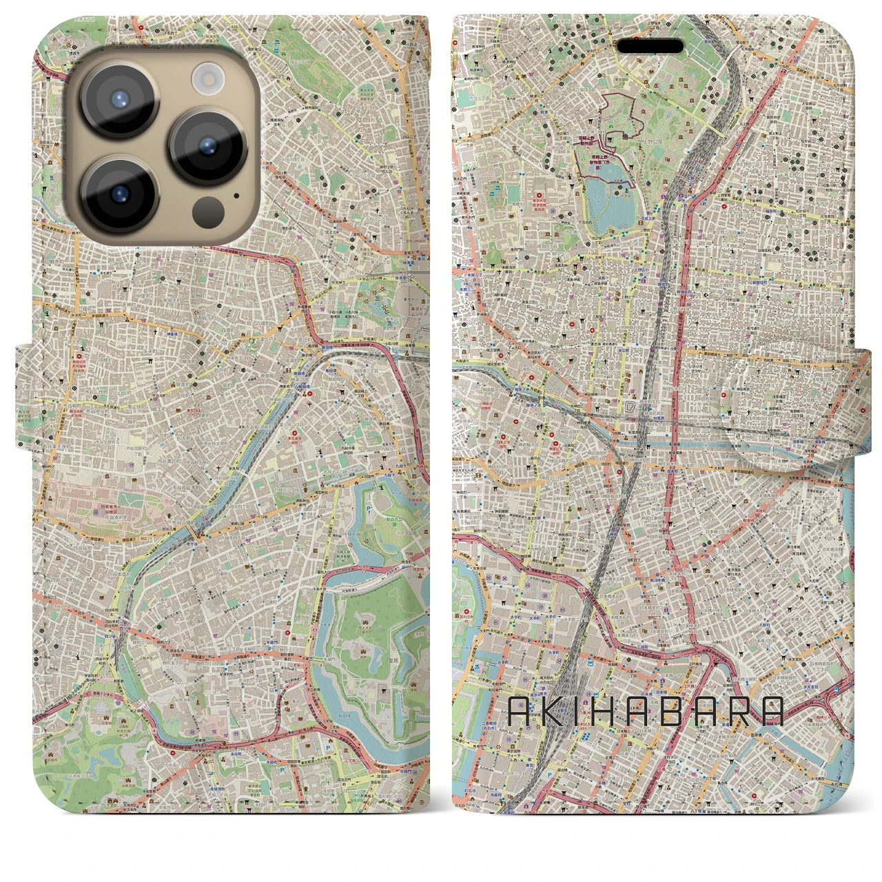 【秋葉原】地図柄iPhoneケース（手帳両面タイプ・ナチュラル）iPhone 14 Pro Max 用