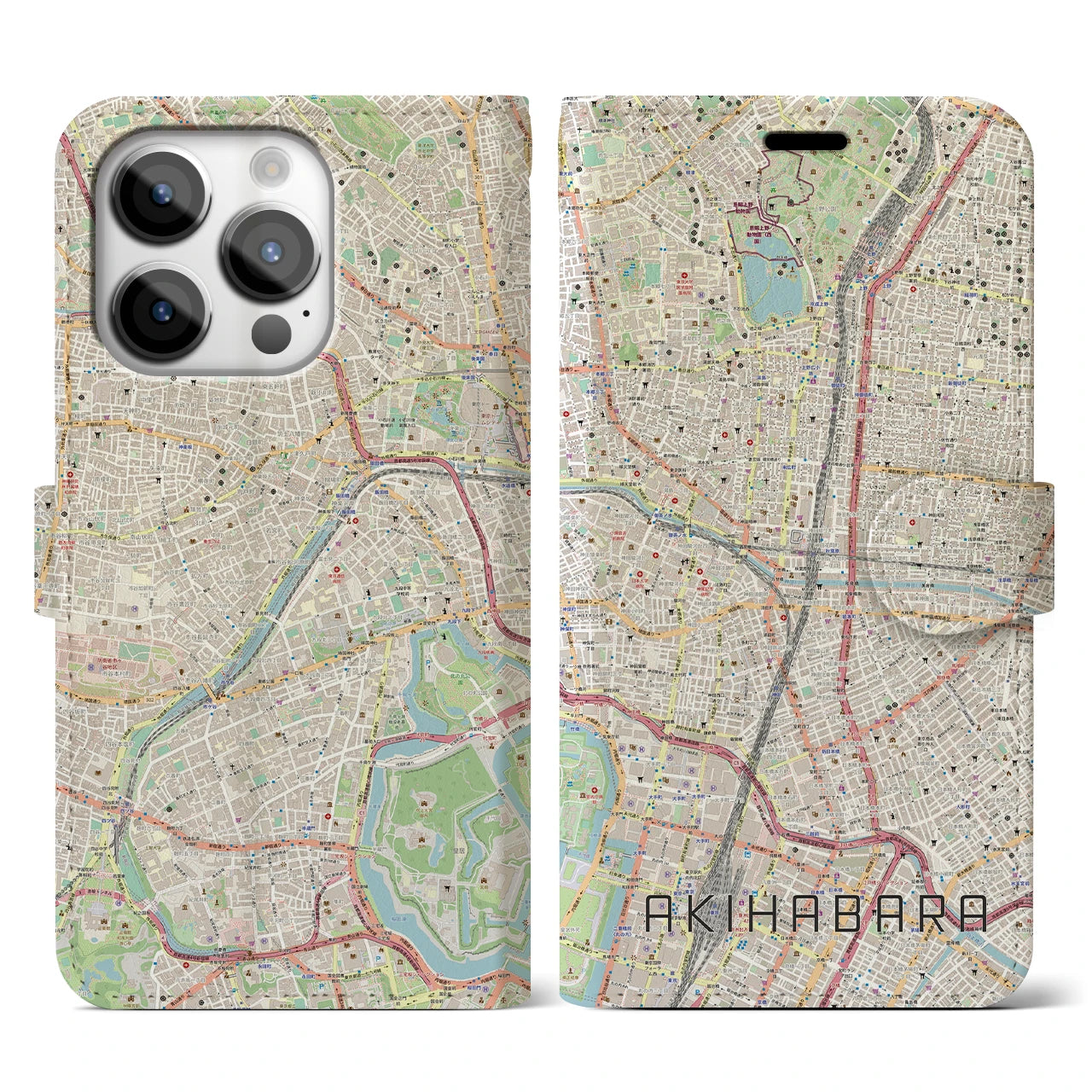 【秋葉原】地図柄iPhoneケース（手帳両面タイプ・ナチュラル）iPhone 14 Pro 用