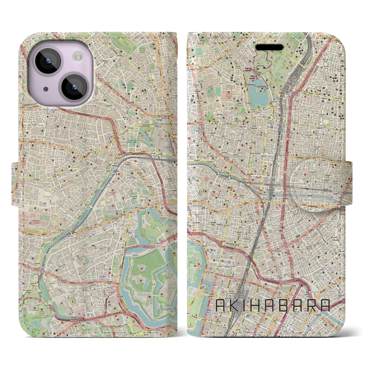 【秋葉原】地図柄iPhoneケース（手帳両面タイプ・ナチュラル）iPhone 14 用