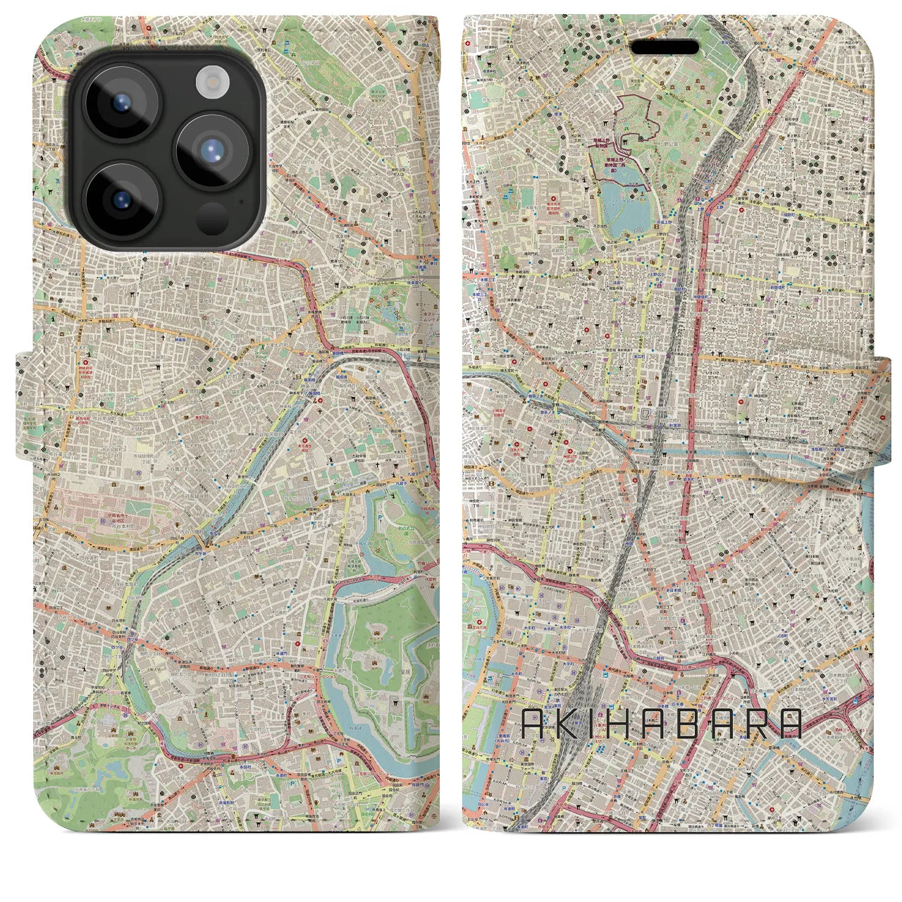 【秋葉原】地図柄iPhoneケース（手帳両面タイプ・ナチュラル）iPhone 15 Pro Max 用