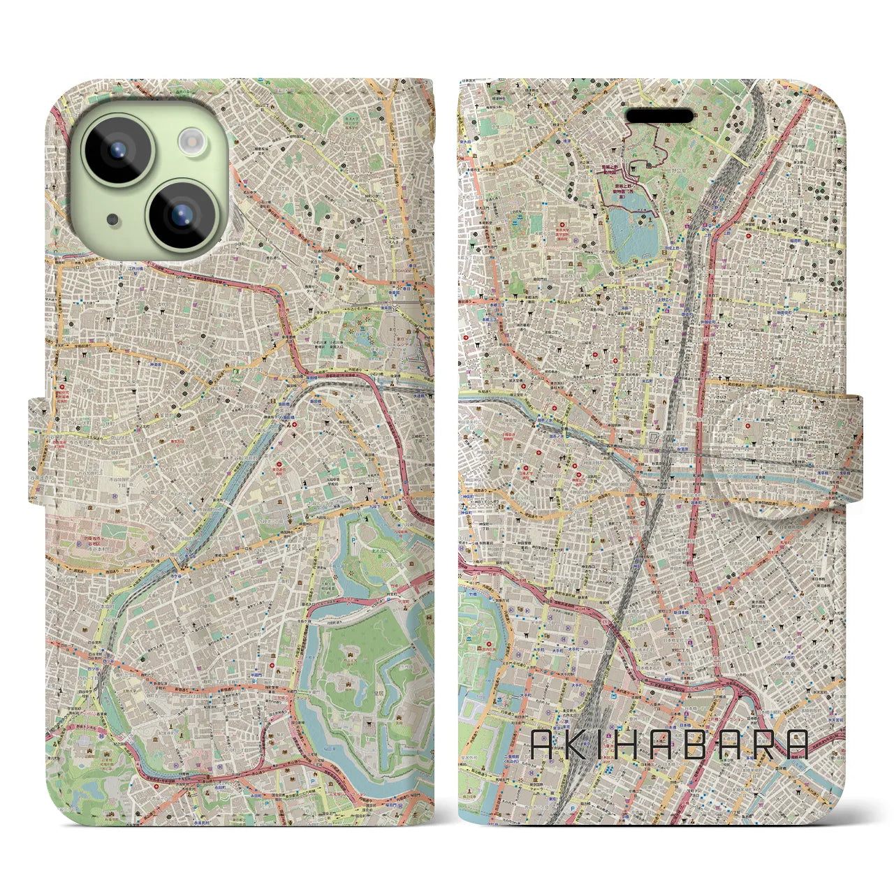 【秋葉原】地図柄iPhoneケース（手帳両面タイプ・ナチュラル）iPhone 15 用