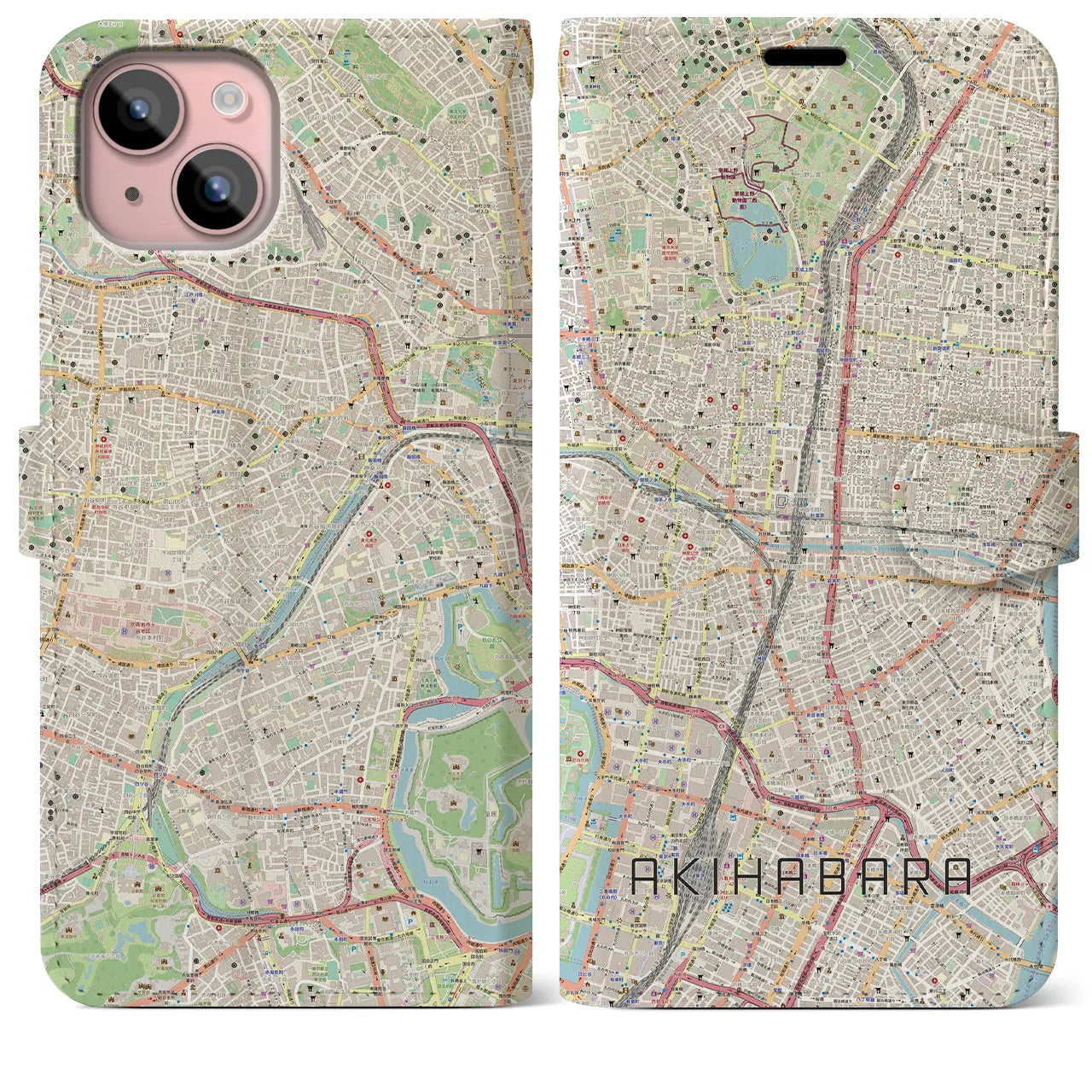 【秋葉原】地図柄iPhoneケース（手帳両面タイプ・ナチュラル）iPhone 15 Plus 用