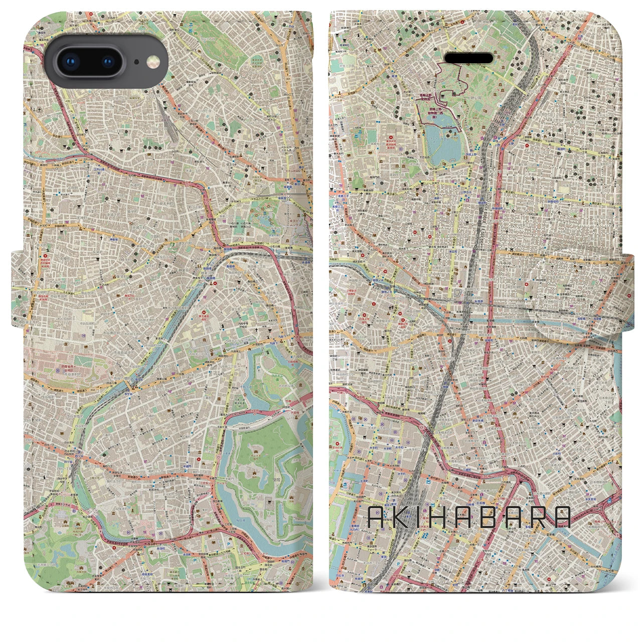 【秋葉原】地図柄iPhoneケース（手帳両面タイプ・ナチュラル）iPhone 8Plus /7Plus / 6sPlus / 6Plus 用