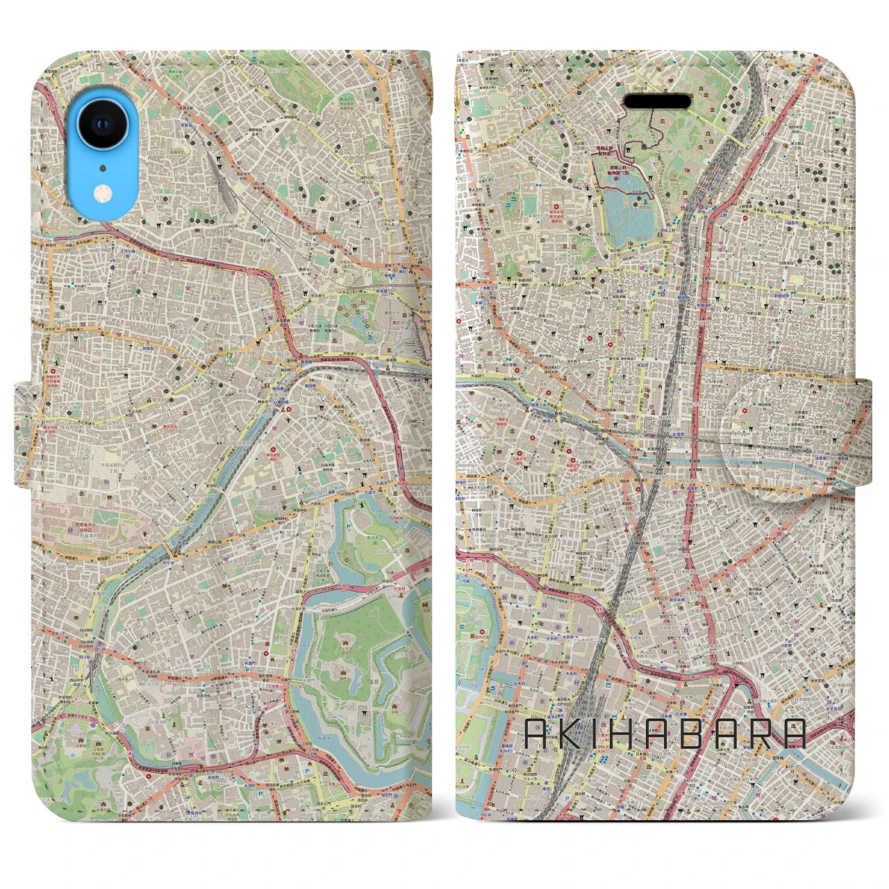 【秋葉原】地図柄iPhoneケース（手帳両面タイプ・ナチュラル）iPhone XR 用