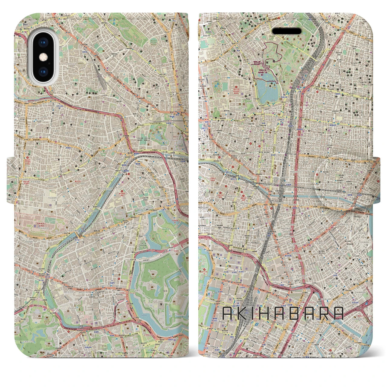 【秋葉原】地図柄iPhoneケース（手帳両面タイプ・ナチュラル）iPhone XS Max 用