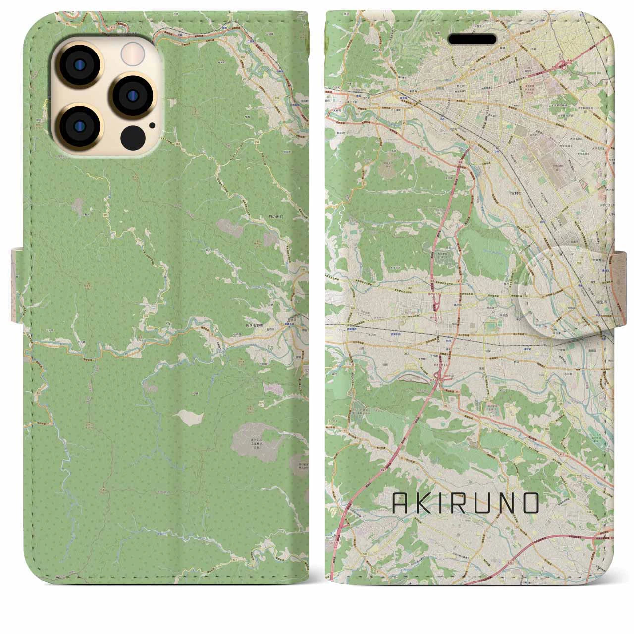 【あきる野】地図柄iPhoneケース（手帳両面タイプ・ナチュラル）iPhone 12 Pro Max 用