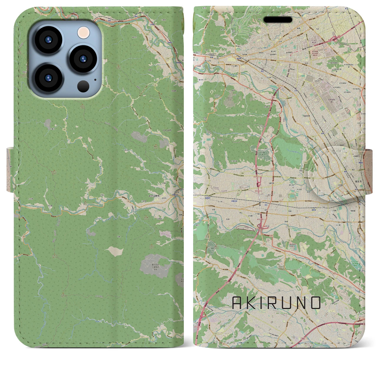 【あきる野】地図柄iPhoneケース（手帳両面タイプ・ナチュラル）iPhone 13 Pro Max 用