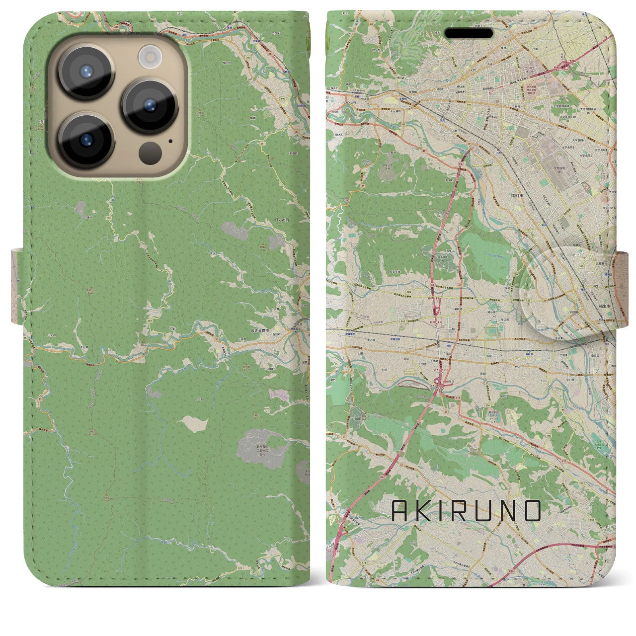 【あきる野】地図柄iPhoneケース（手帳両面タイプ・ナチュラル）iPhone 14 Pro Max 用