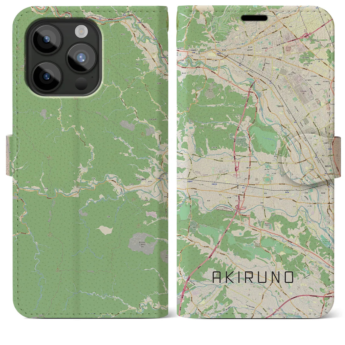 【あきる野】地図柄iPhoneケース（手帳両面タイプ・ナチュラル）iPhone 15 Pro Max 用