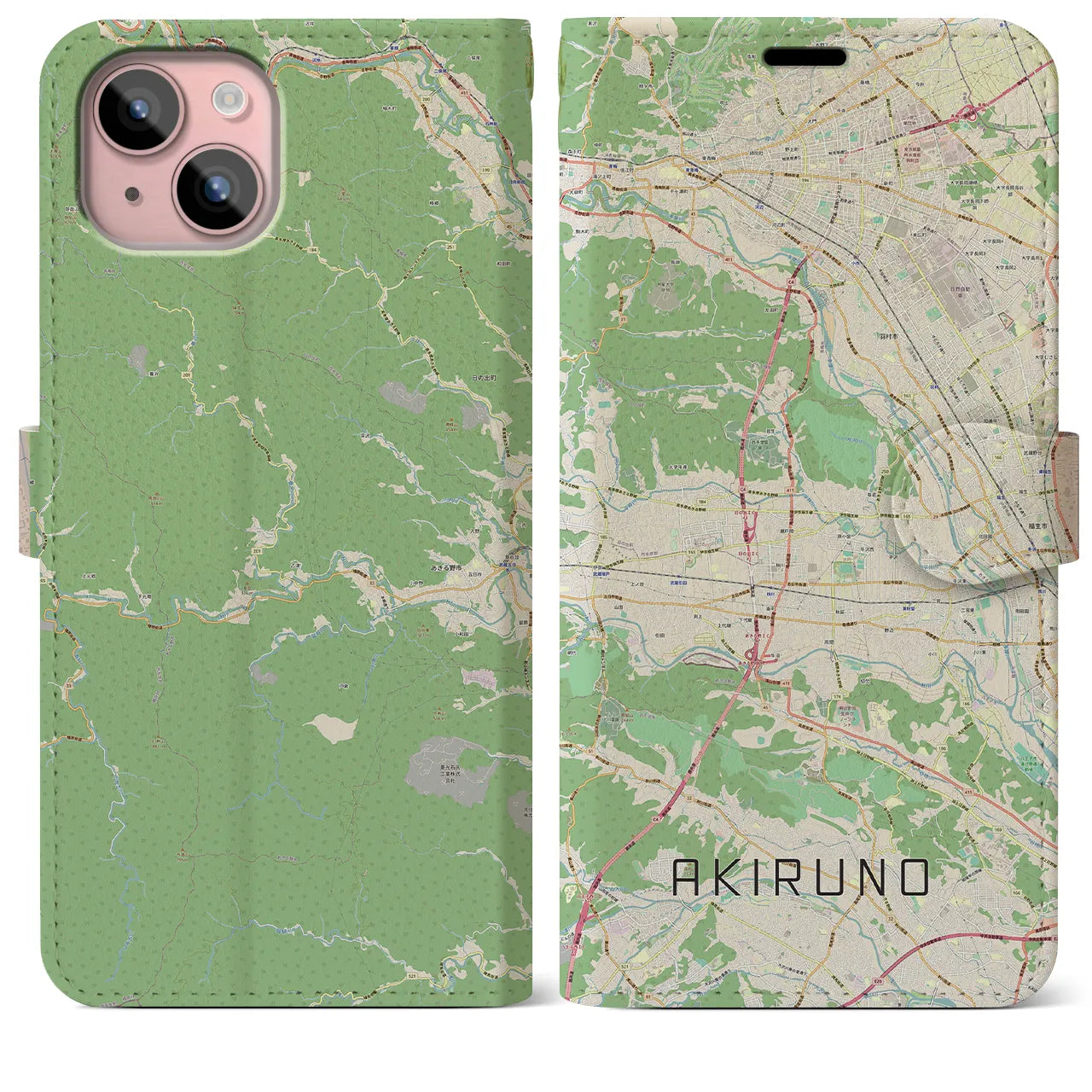 【あきる野】地図柄iPhoneケース（手帳両面タイプ・ナチュラル）iPhone 15 Plus 用