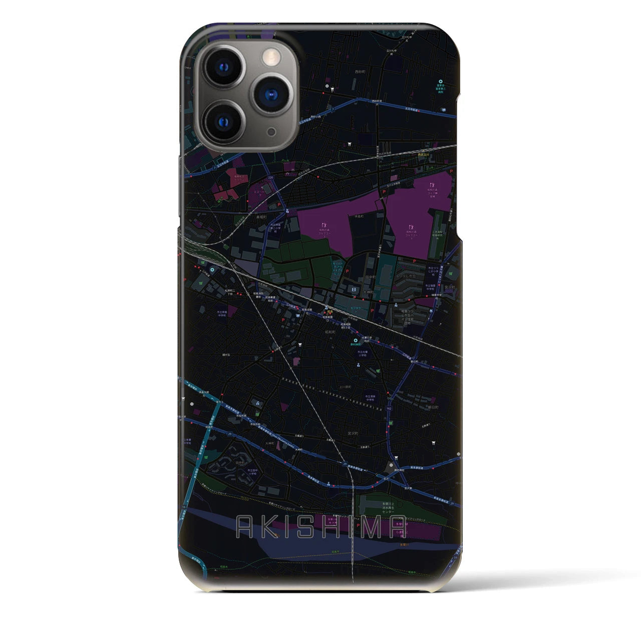 【昭島】地図柄iPhoneケース（バックカバータイプ・ブラック）iPhone 11 Pro Max 用