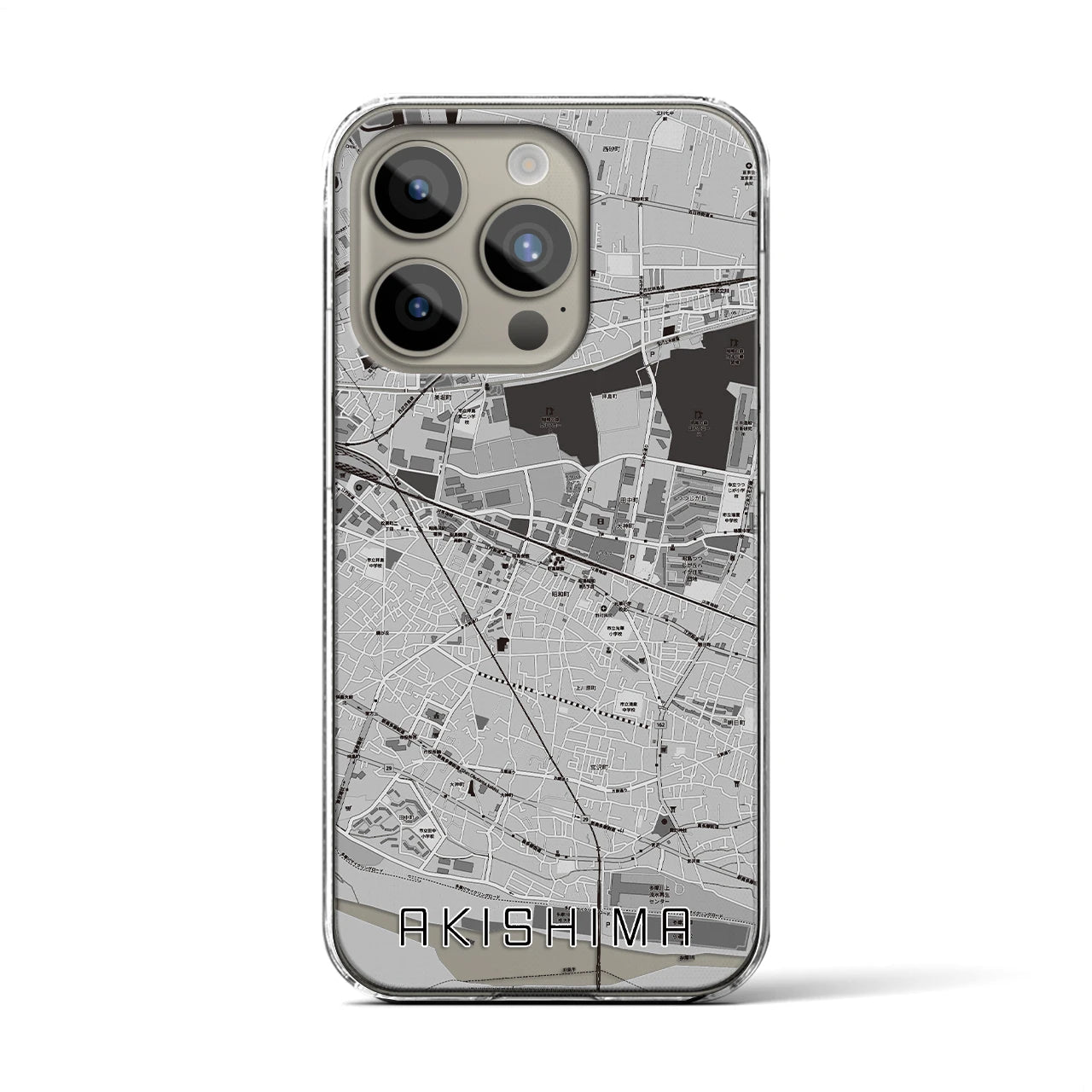 【昭島】地図柄iPhoneケース（クリアタイプ・モノトーン）iPhone 15 Pro 用
