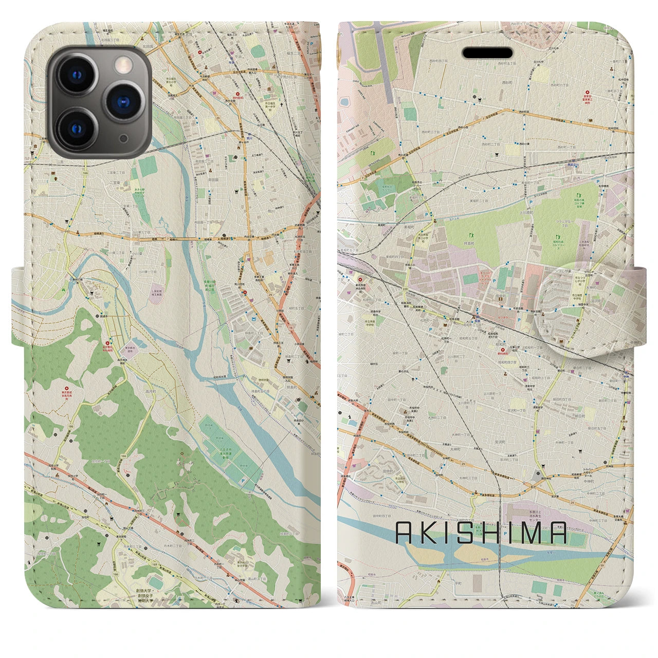 【昭島】地図柄iPhoneケース（手帳両面タイプ・ナチュラル）iPhone 11 Pro Max 用
