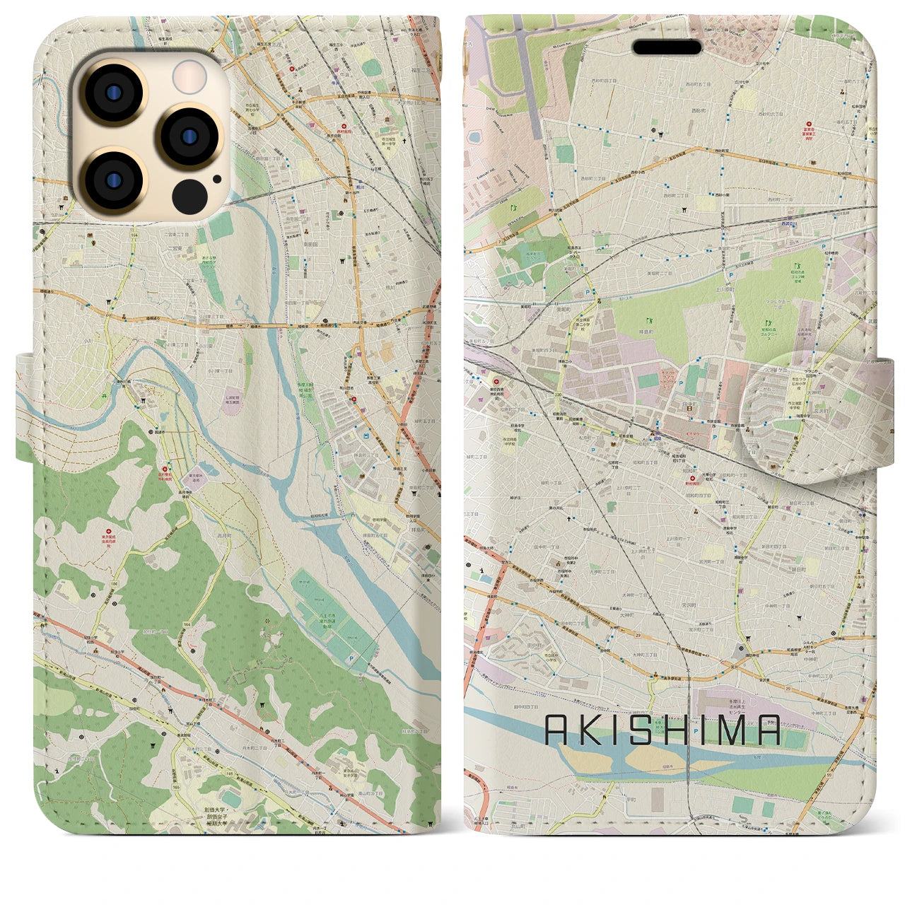 【昭島】地図柄iPhoneケース（手帳両面タイプ・ナチュラル）iPhone 12 Pro Max 用