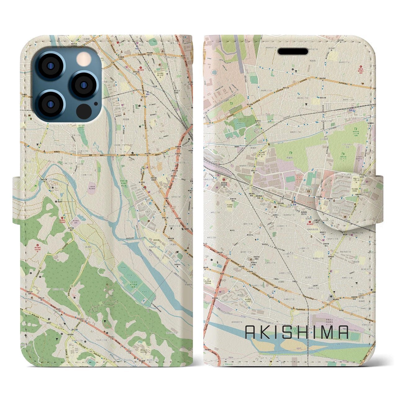 【昭島】地図柄iPhoneケース（手帳両面タイプ・ナチュラル）iPhone 12 / 12 Pro 用