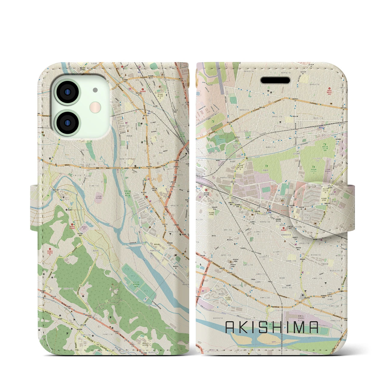 【昭島】地図柄iPhoneケース（手帳両面タイプ・ナチュラル）iPhone 12 mini 用