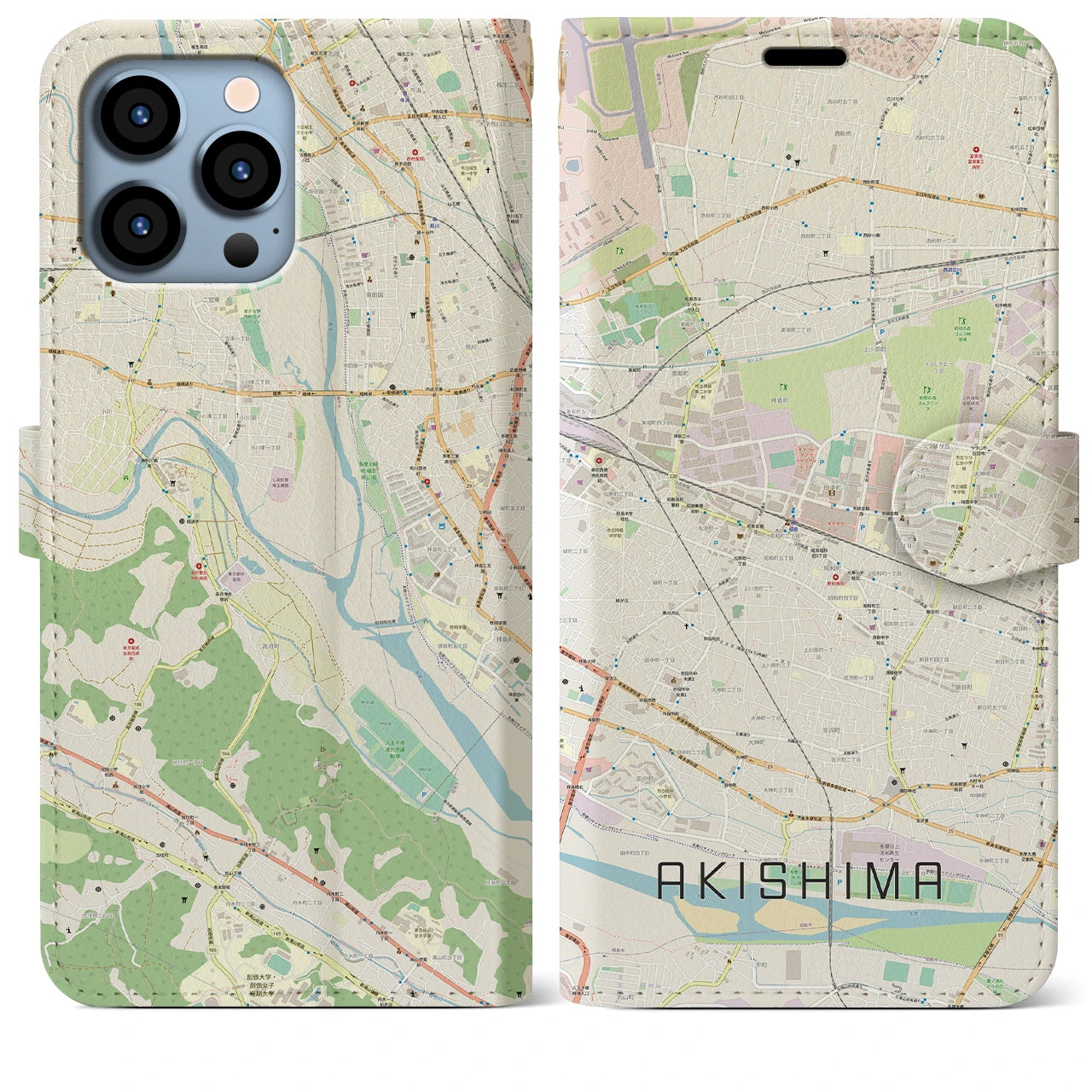 【昭島】地図柄iPhoneケース（手帳両面タイプ・ナチュラル）iPhone 13 Pro Max 用