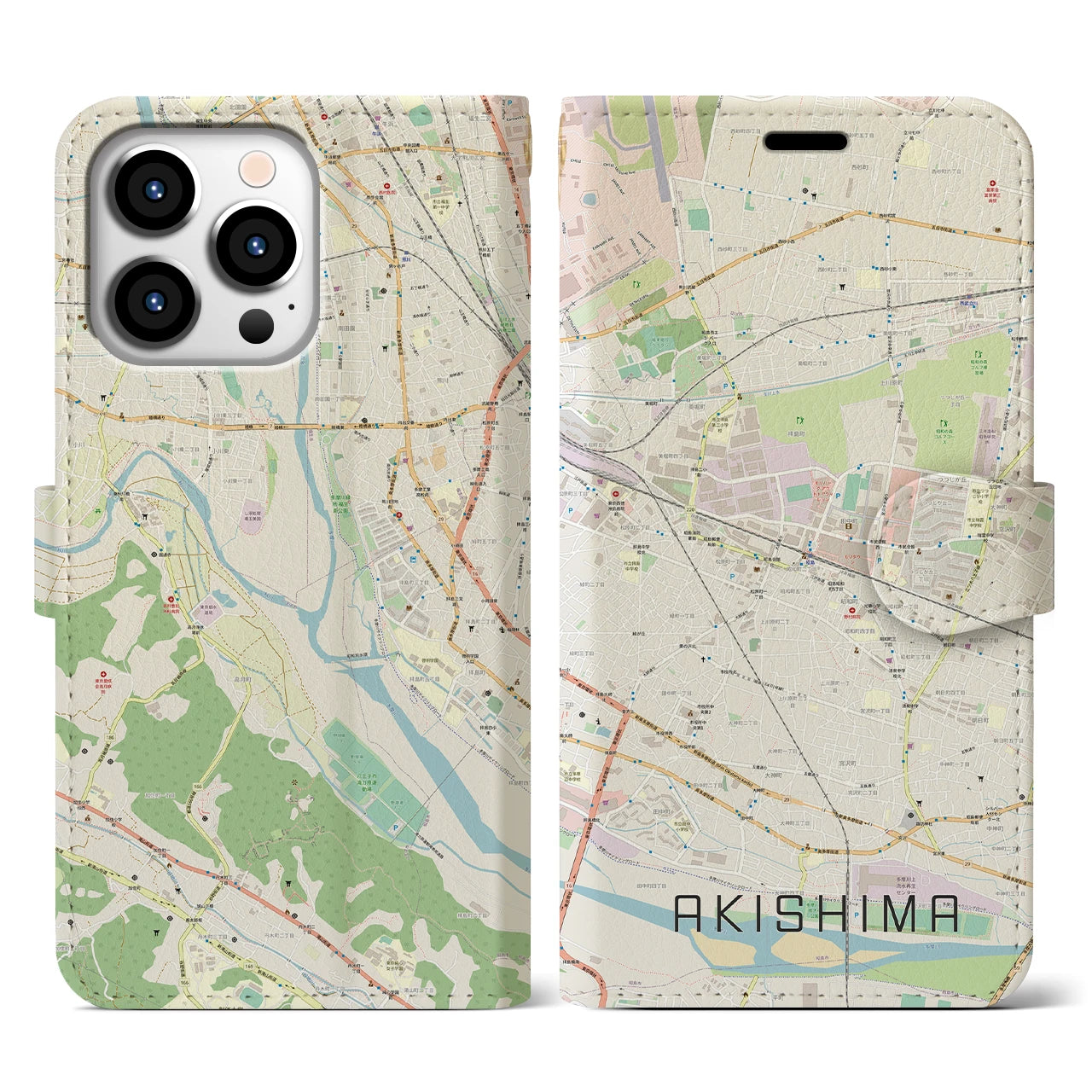 【昭島】地図柄iPhoneケース（手帳両面タイプ・ナチュラル）iPhone 13 Pro 用