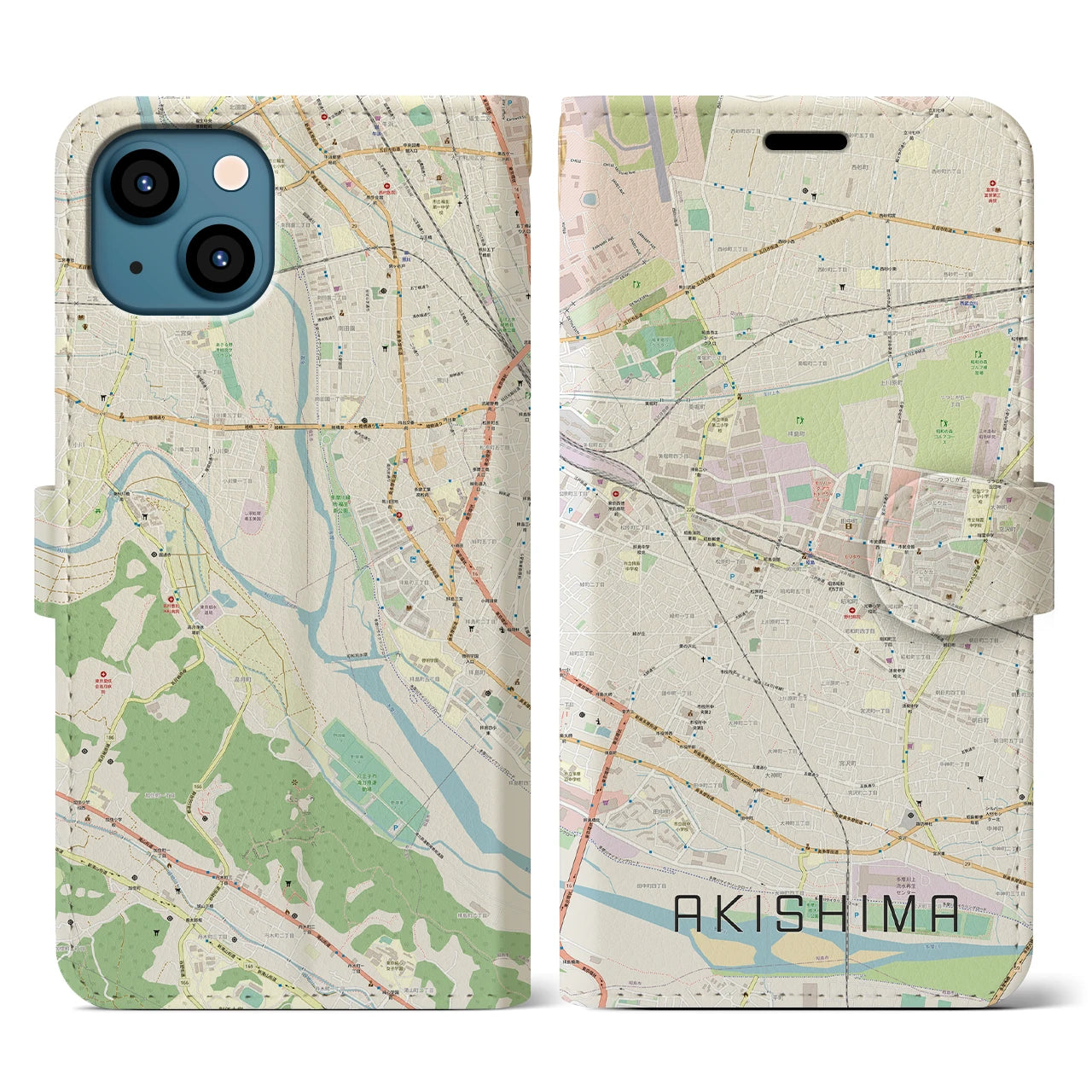 【昭島】地図柄iPhoneケース（手帳両面タイプ・ナチュラル）iPhone 13 用